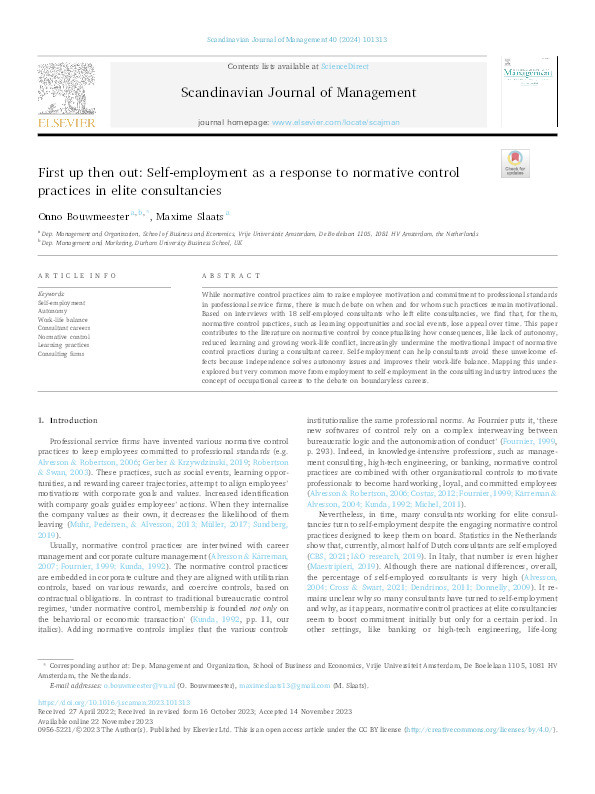 First up then out: Self-employment as a response to normative control practices in elite consultancies Thumbnail