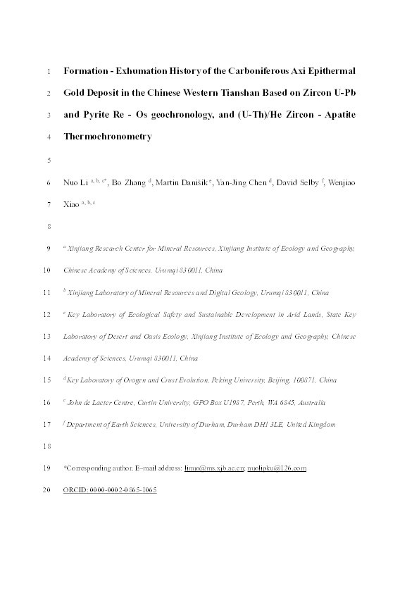 Formation–exhumation history of the Carboniferous Axi epithermal gold deposit in the Chinese Western Tianshan based on zircon U–Pb and pyrite Re–Os geochronology and (U–Th)/He zircon–apatite thermochronometry Thumbnail