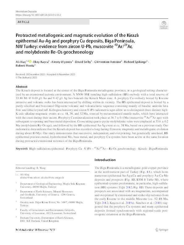 Protracted metallogenic and magmatic evolution of the Kirazlı epithermal Au-Ag and porphyry Cu deposits, Biga Peninsula, NW Turkey: evidence from zircon U-Pb, muscovite 40Ar/39Ar, and molybdenite Re-Os geochronology Thumbnail