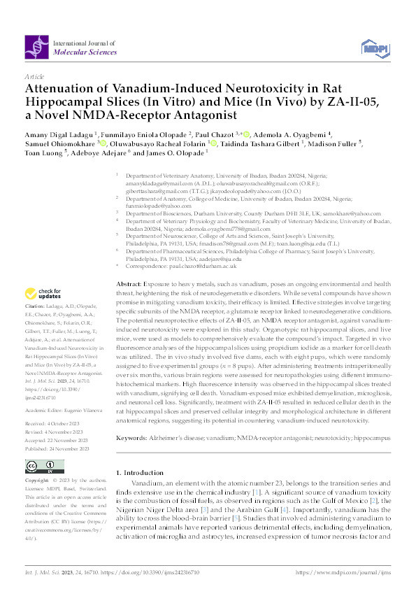 Attenuation of Vanadium-Induced Neurotoxicity in Rat Hippocampal Slices (In Vitro) and Mice (In Vivo) by ZA-II-05, a Novel NMDA-Receptor Antagonist Thumbnail