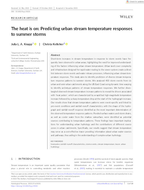 The heat is on: Predicting urban stream temperature responses to summer storms Thumbnail