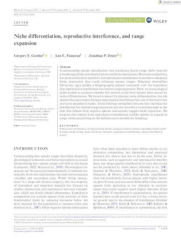 Niche differentiation, reproductive interference, and range expansion Thumbnail