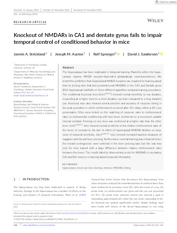 Knockout of NMDARs in CA1 and dentate gyrus fails to impair temporal control of conditioned behaviour in mice Thumbnail