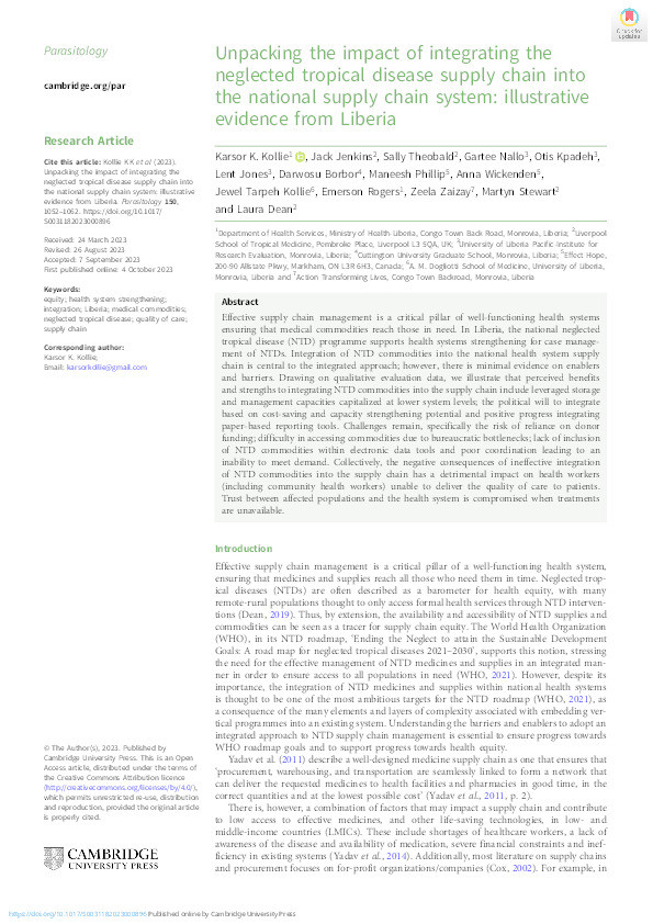 Unpacking the impact of integrating the neglected tropical disease supply chain into the national supply chain system: illustrative evidence from Liberia Thumbnail