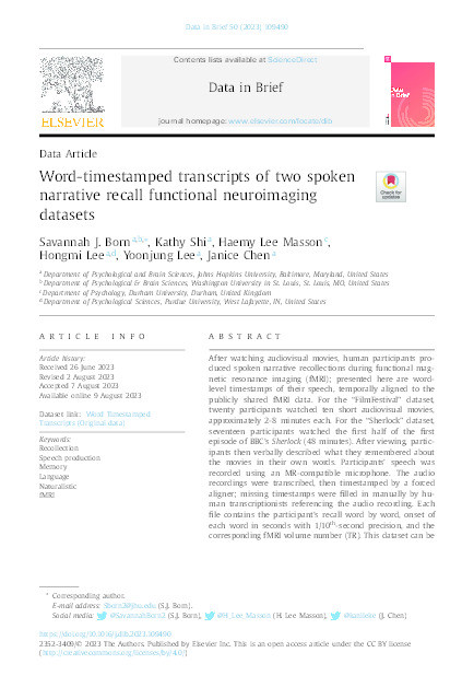 Word-timestamped transcripts of two spoken narrative recall functional neuroimaging datasets Thumbnail