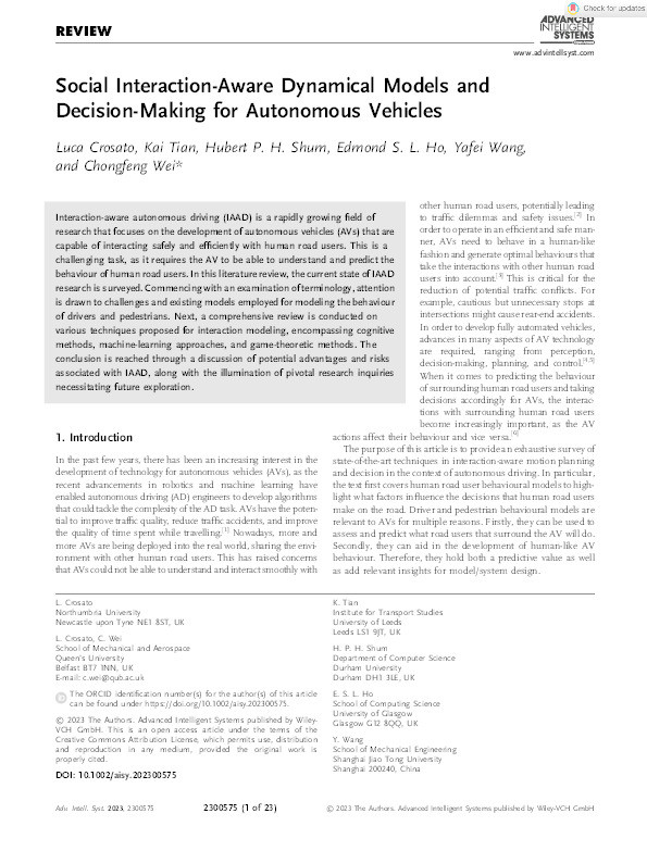 Social Interaction‐Aware Dynamical Models and Decision‐Making for Autonomous Vehicles Thumbnail