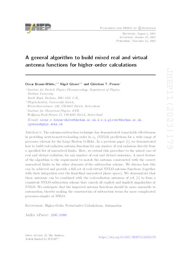 A general algorithm to build mixed real and virtual antenna functions for higher-order calculations Thumbnail