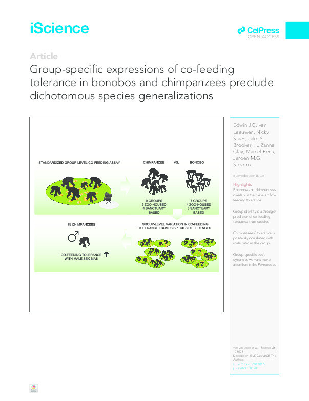 Group-specific expressions of co-feeding tolerance in bonobos and chimpanzees preclude dichotomous species generalizations Thumbnail