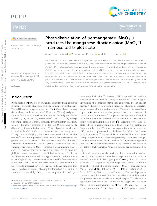 Photodissociation of permanganate (MnO 4 − ) produces the manganese dioxide anion (MnO 2 − ) in an excited triplet state Thumbnail