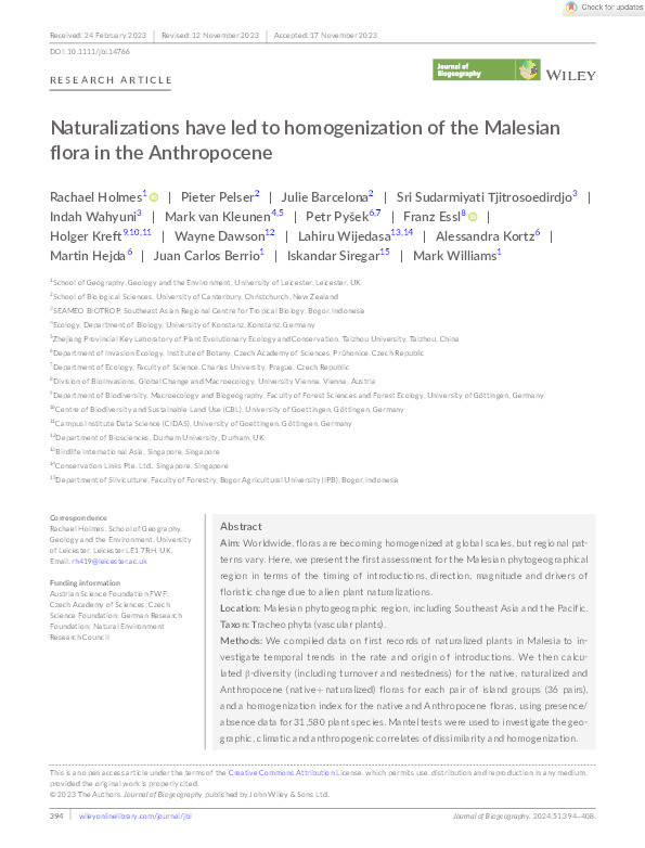 Naturalizations have led to homogenization of the Malesian flora in the Anthropocene Thumbnail