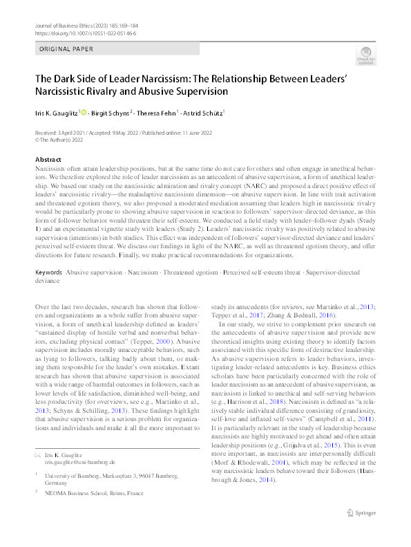 The Dark Side of Leader Narcissism: The Relationship Between Leaders’ Narcissistic Rivalry and Abusive Supervision Thumbnail