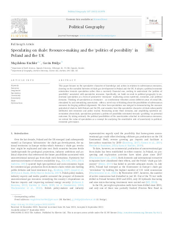 Speculating on shale: Resource-making and the ‘politics of possibility’ in Poland and the UK Thumbnail