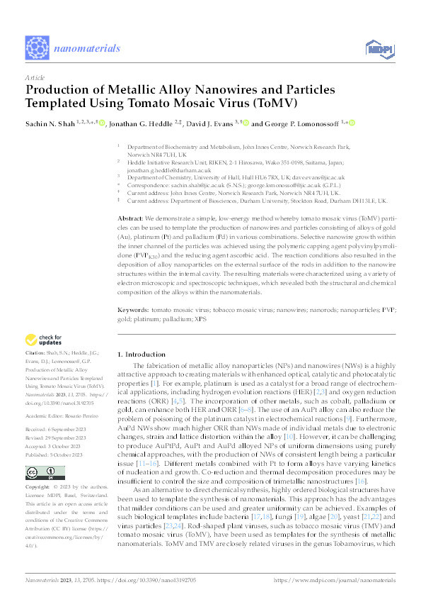 Production of Metallic Alloy Nanowires and Particles Templated Using Tomato Mosaic Virus (ToMV) Thumbnail