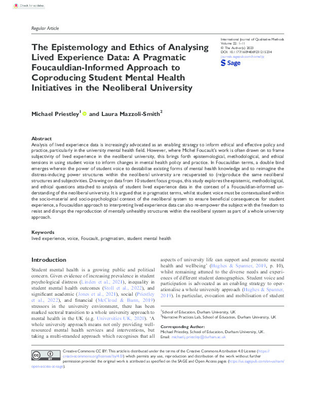 The Epistemology and Ethics of Analysing Lived Experience Data: A Pragmatic Foucauldian-Informed Approach to Coproducing Student Mental Health Initiatives in the Neoliberal University Thumbnail