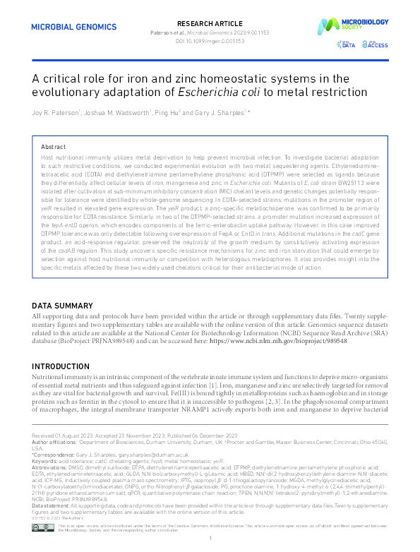 A critical role for iron and zinc homeostatic systems in the evolutionary adaptation of Escherichia coli to metal restriction Thumbnail