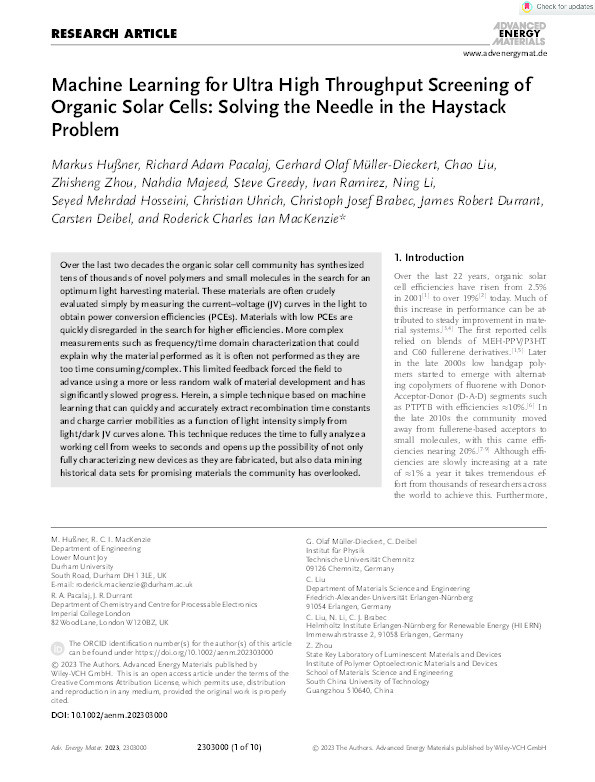 Machine Learning for Ultra High Throughput Screening of Organic Solar Cells: Solving the Needle in the Haystack Problem Thumbnail