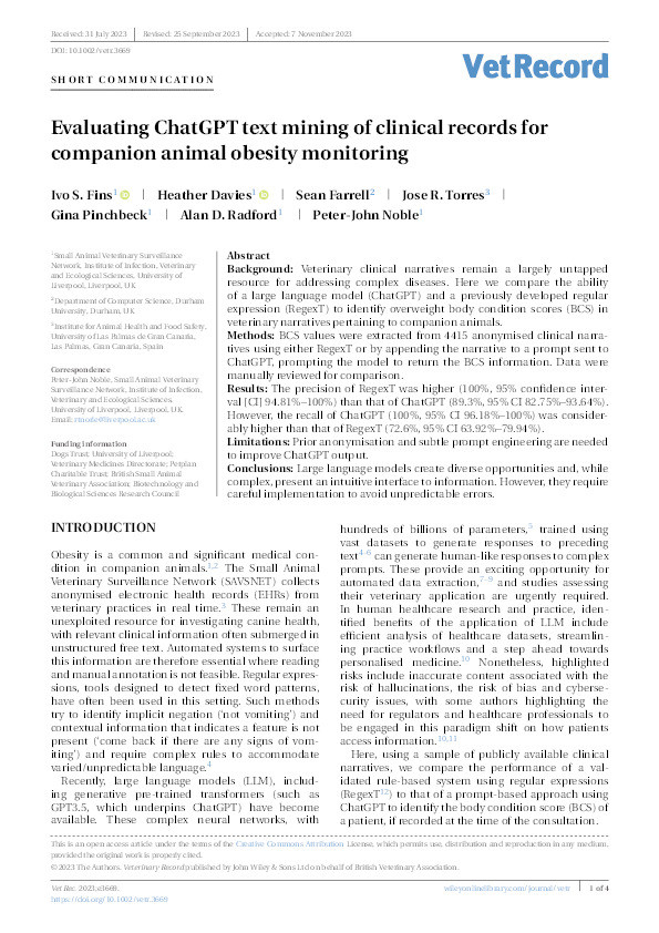 Evaluating ChatGPT text mining of clinical records for companion animal obesity monitoring Thumbnail