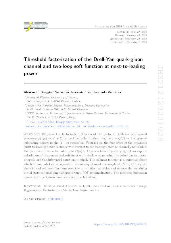 Threshold factorization of the Drell-Yan quark-gluon channel and two-loop soft function at next-to-leading power Thumbnail