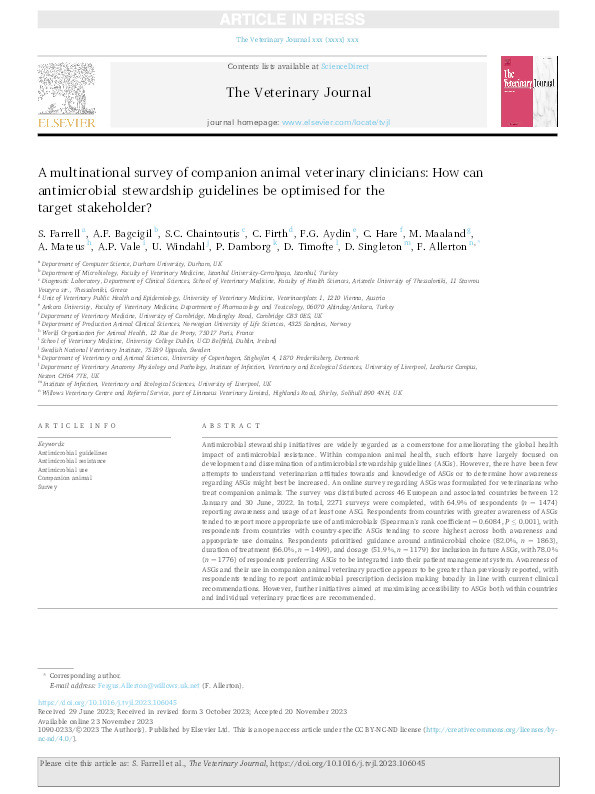 A multinational survey of companion animal veterinary clinicians: How can antimicrobial stewardship guidelines be optimised for the target stakeholder? Thumbnail