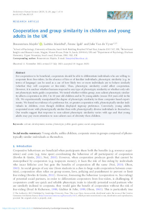 Cooperation and group similarity in children and young adults in the UK. Thumbnail