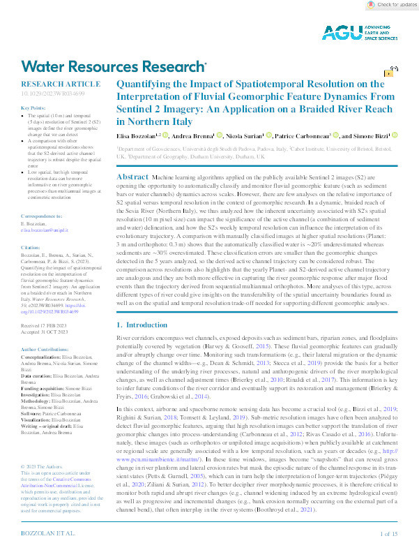 Quantifying the Impact of Spatiotemporal Resolution on the Interpretation of Fluvial Geomorphic Feature Dynamics From Sentinel 2 Imagery: An Application on a Braided River Reach in Northern Italy Thumbnail