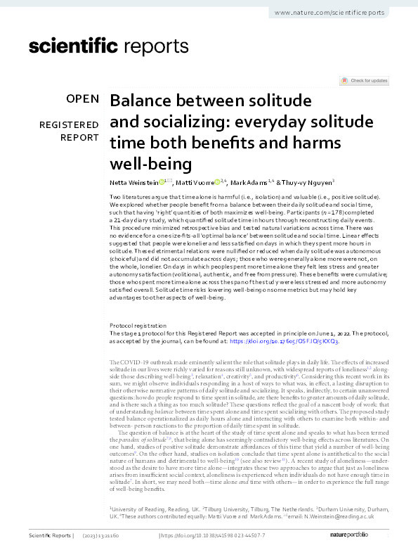 Balance between solitude and socializing: everyday solitude time both benefits and harms well-being Thumbnail