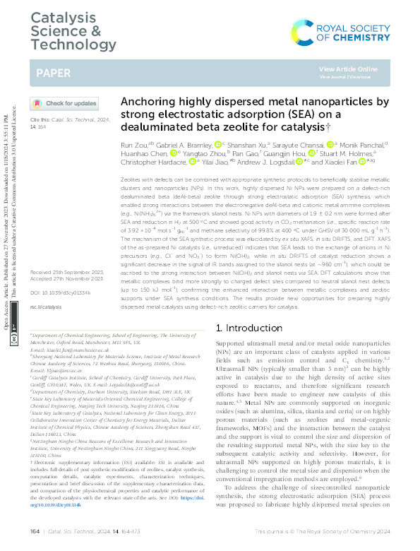 Anchoring highly dispersed metal nanoparticles by strong electrostatic adsorption (SEA) on a dealuminated beta zeolite for catalysis † Thumbnail