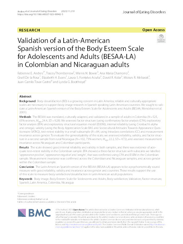 Validation of a Latin-American Spanish version of the Body Esteem Scale for Adolescents and Adults (BESAA-LA) in Colombian and Nicaraguan adults Thumbnail