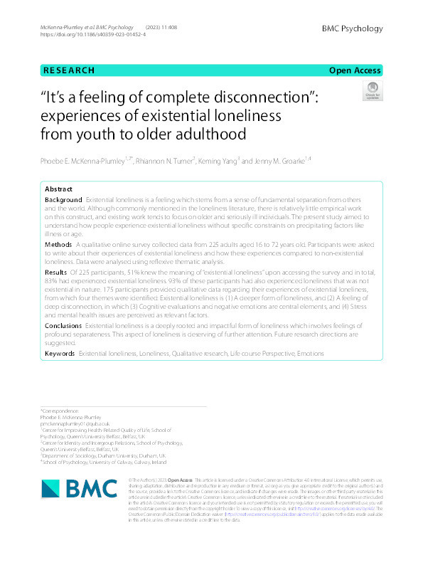 "It's a feeling of complete disconnection": experiences of existential loneliness from youth to older adulthood. Thumbnail
