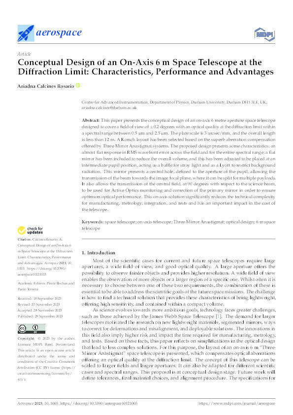 Conceptual Design of an On-Axis 6 m Space Telescope at the Diffraction Limit: Characteristics, Performance and Advantages Thumbnail