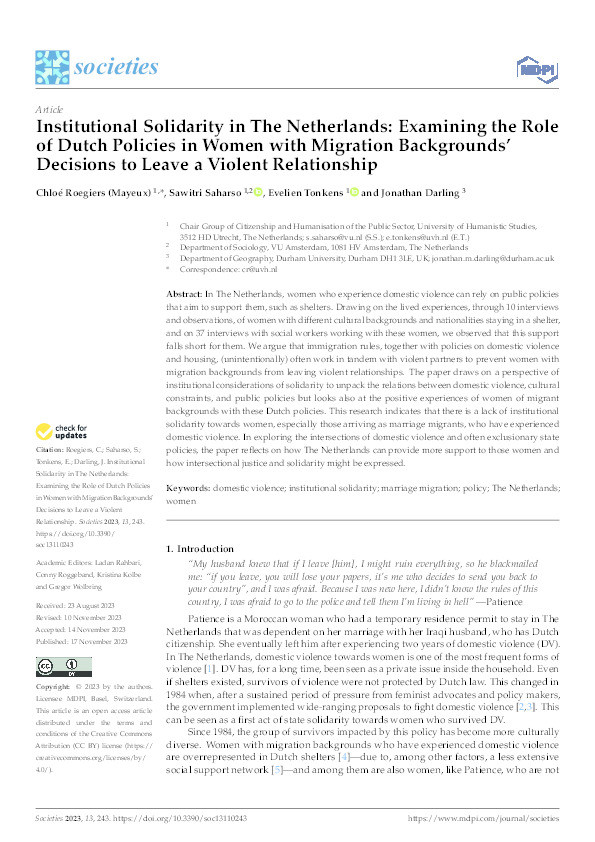 Institutional Solidarity in The Netherlands: Examining the Role of Dutch Policies in Women with Migration Backgrounds’ Decisions to Leave a Violent Relationship Thumbnail