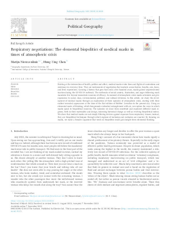 Respiratory negotiations: The elemental biopolitics of medical masks in times of atmospheric crisis Thumbnail