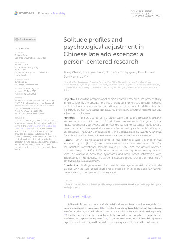 Solitude profiles and psychological adjustment in Chinese late adolescence: a person-centered research Thumbnail