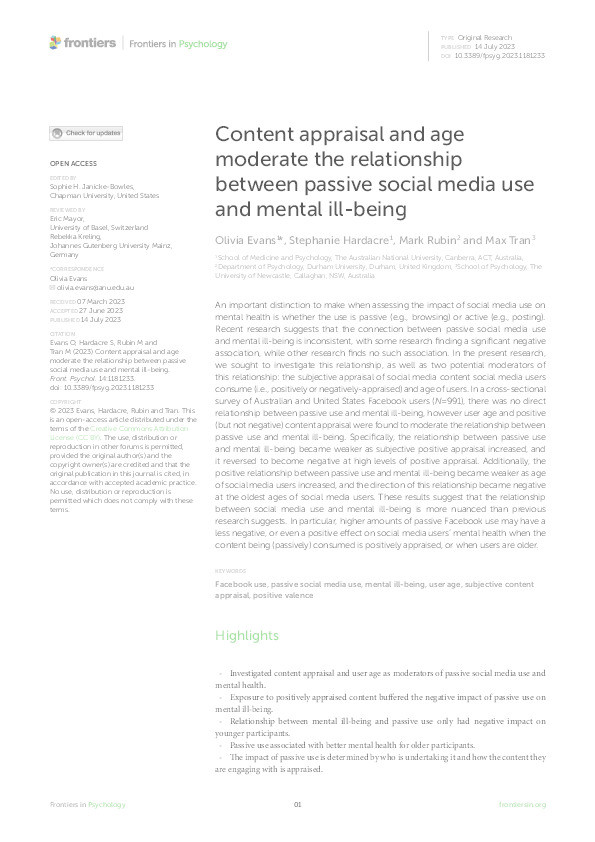 Content appraisal and age moderate the relationship between passive social media use and mental ill-being Thumbnail