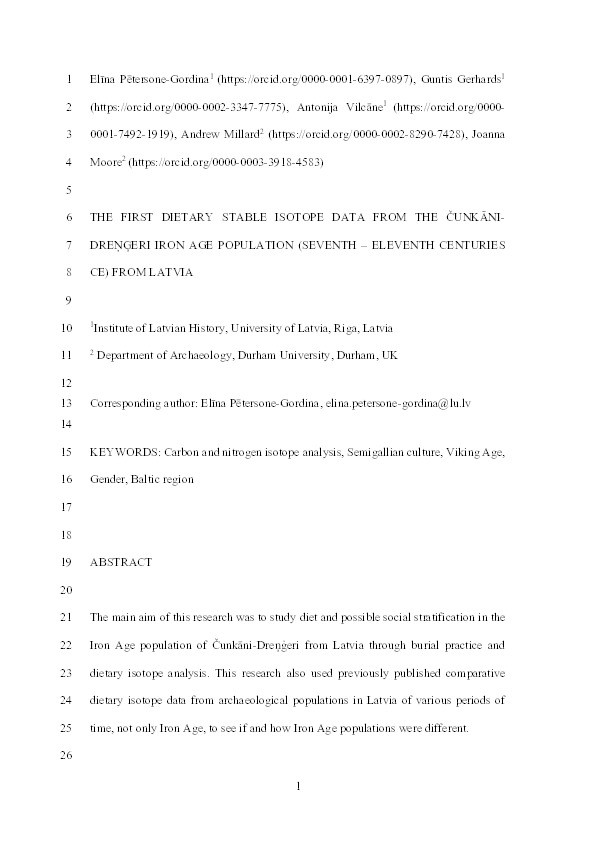 The first dietary stable isotope data from the Čunkāni-Dreņģeri Iron Age population (seventh–eleventh centuries CE) from Latvia Thumbnail