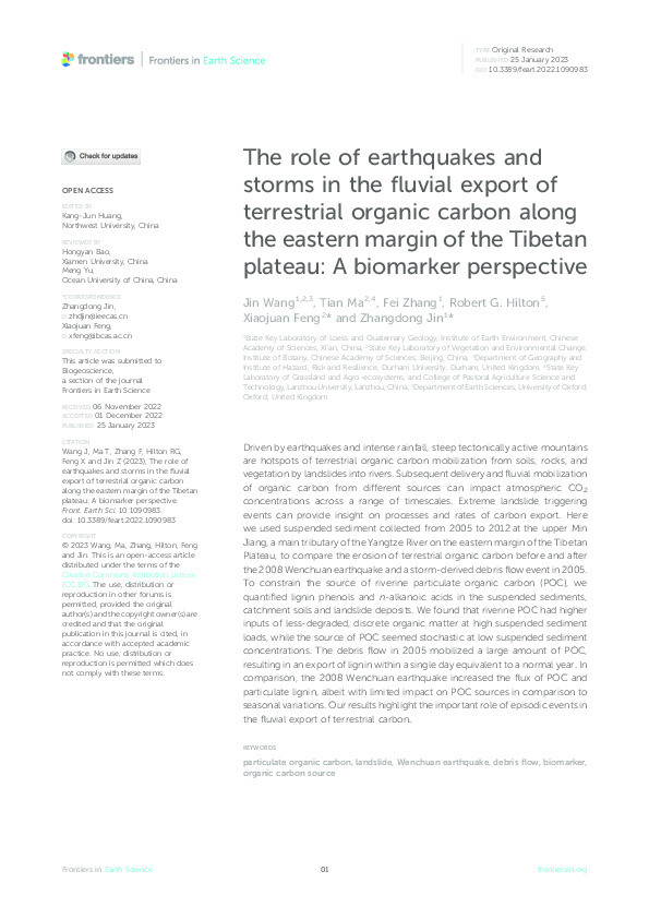 The role of earthquakes and storms in the fluvial export of terrestrial organic carbon along the eastern margin of the Tibetan plateau: A biomarker perspective Thumbnail