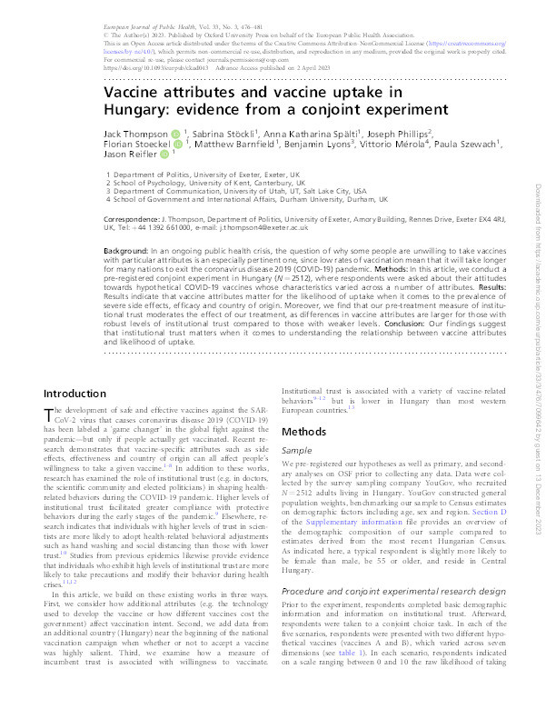 Vaccine attributes and vaccine uptake in Hungary: evidence from a conjoint experiment Thumbnail