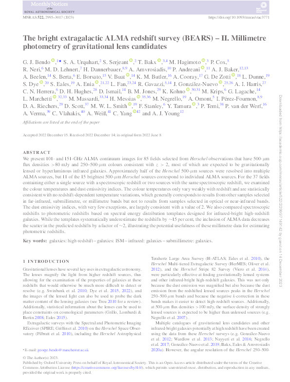 The bright extragalactic ALMA redshift survey (BEARS) – II. Millimetre photometry of gravitational lens candidates Thumbnail