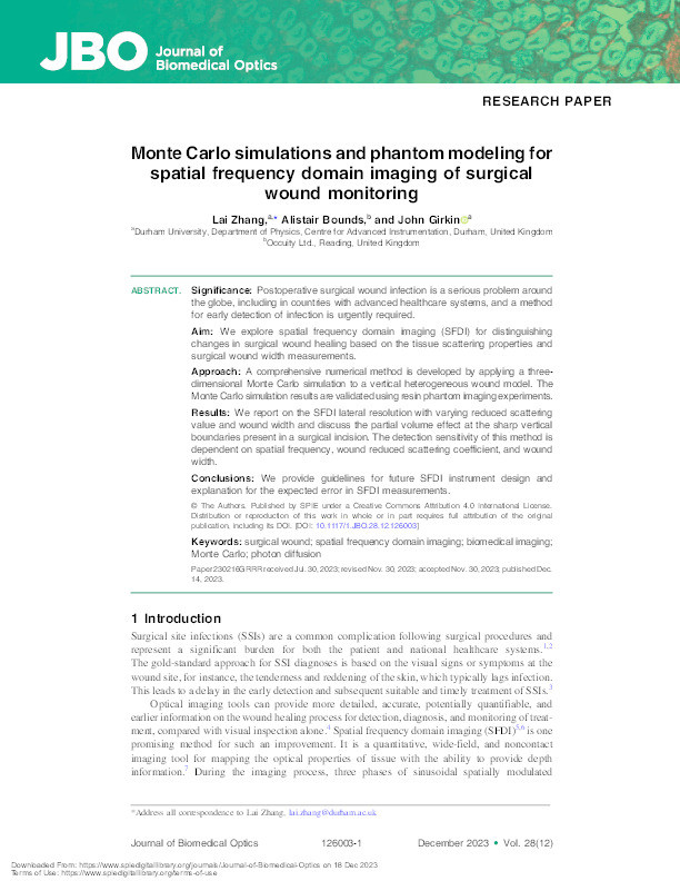 Monte Carlo simulations and phantom modeling for spatial frequency domain imaging of surgical wound monitoring Thumbnail