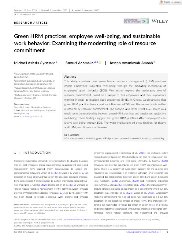 Green HRM practices, employee well‐being, and sustainable work behavior: Examining the moderating role of resource commitment Thumbnail