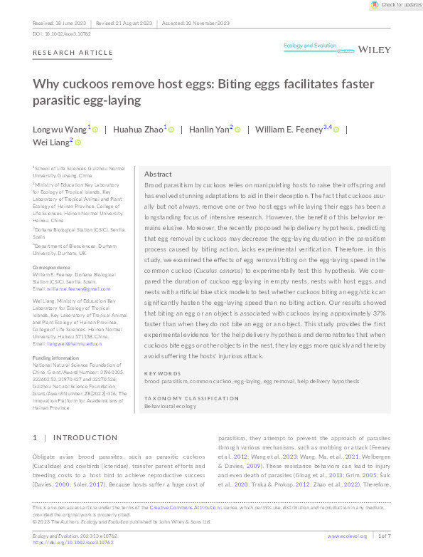 Why cuckoos remove host eggs: Biting eggs facilitates faster parasitic egg‐laying Thumbnail