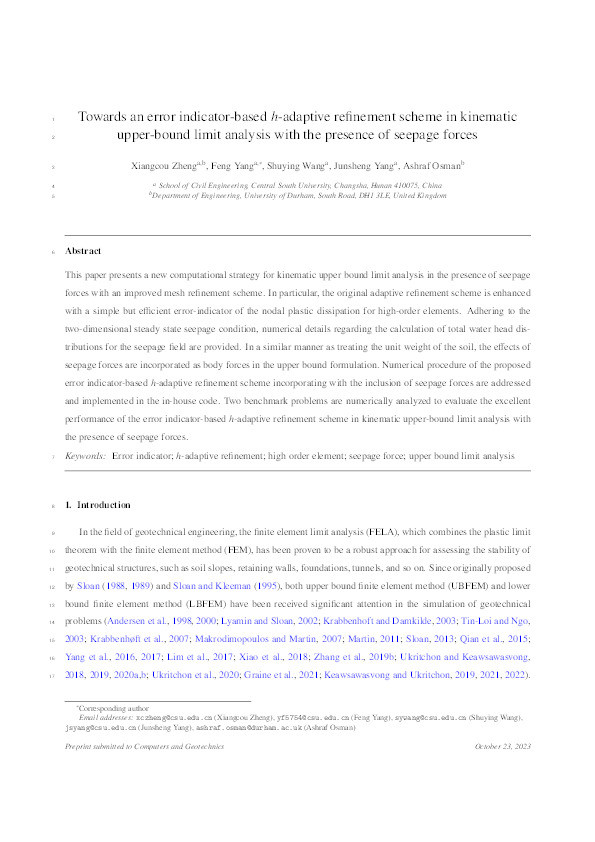 Towards an error indicator-based h -adaptive refinement scheme in kinematic upper-bound limit analysis with the presence of seepage forces Thumbnail