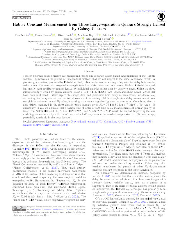 Hubble Constant Measurement from Three Large-separation Quasars Strongly Lensed by Galaxy Clusters Thumbnail