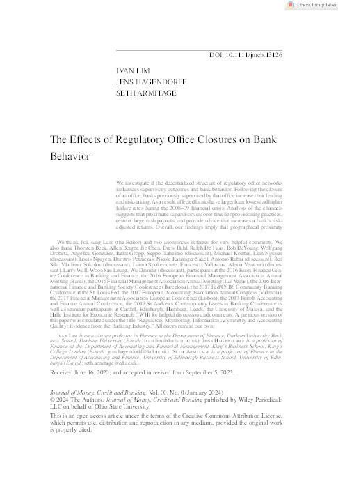 The Effects of Regulatory Office Closures on Bank Behavior Thumbnail