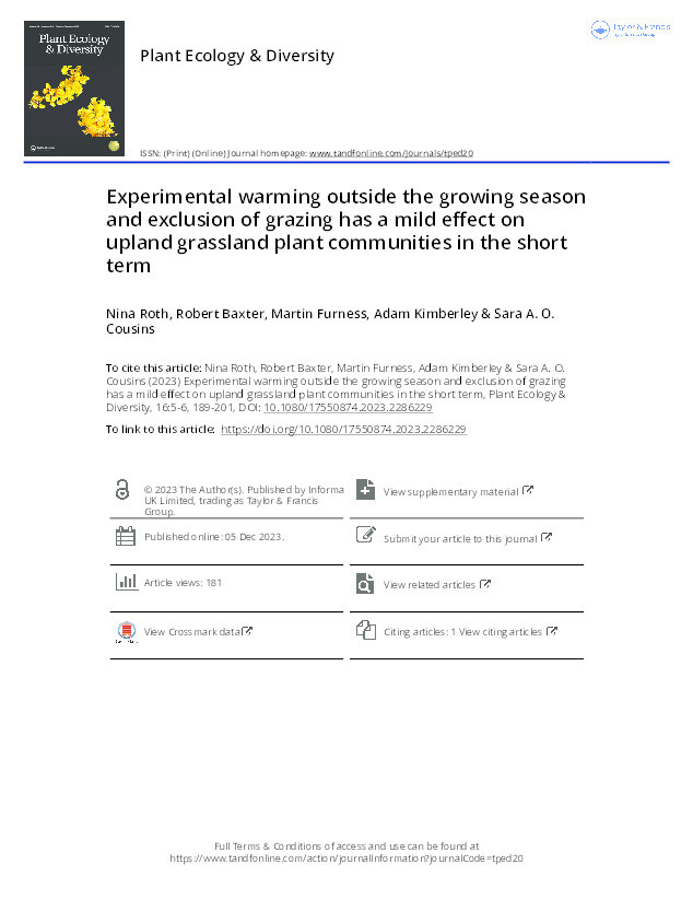 Experimental warming outside the growing season and exclusion of grazing has a mild effect on upland grassland plant communities in the short term Thumbnail