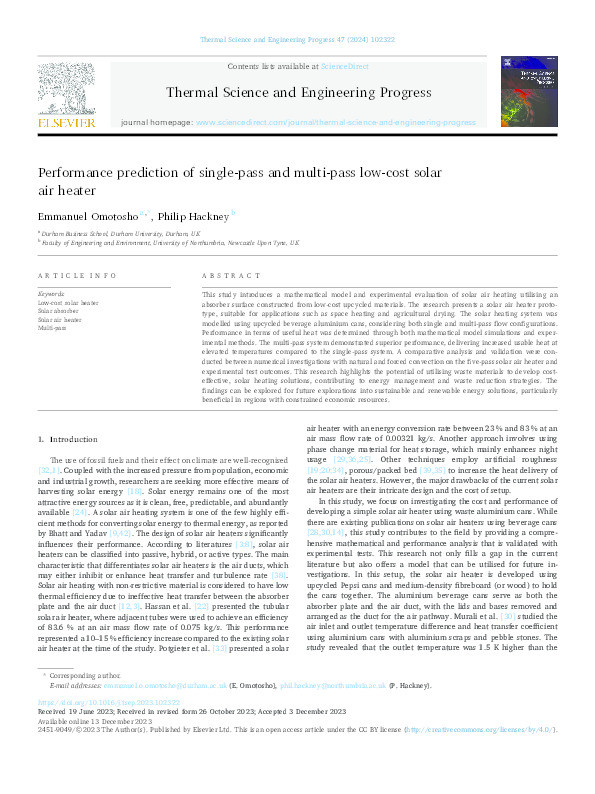 Performance prediction of single-pass and multi-pass low-cost solar air heater Thumbnail