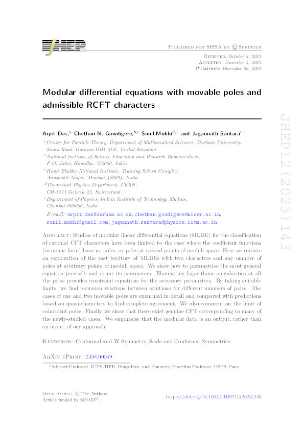 Modular differential equations with movable poles and admissible RCFT characters Thumbnail