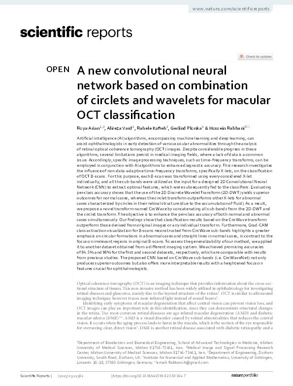 A new convolutional neural network based on combination of circlets and wavelets for macular OCT classification Thumbnail