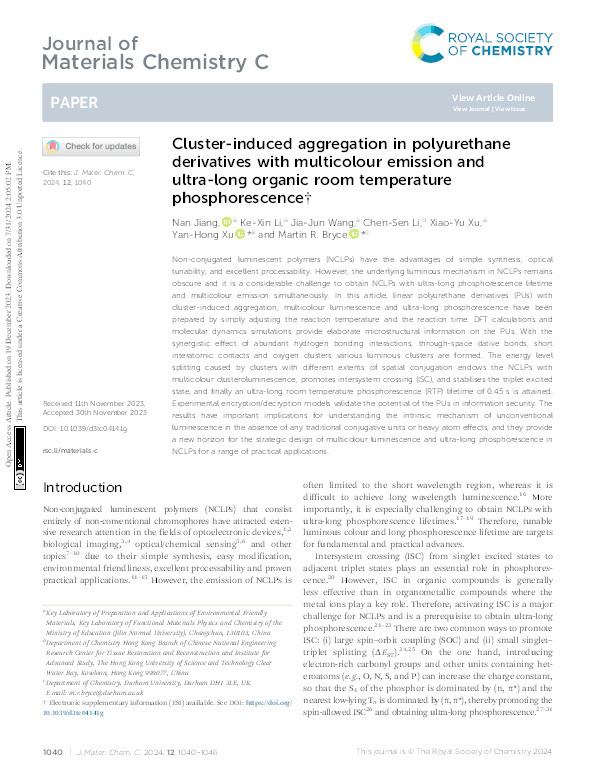 Cluster-induced aggregation in polyurethane derivatives with multicolour emission and ultra-long organic room temperature phosphorescence Thumbnail