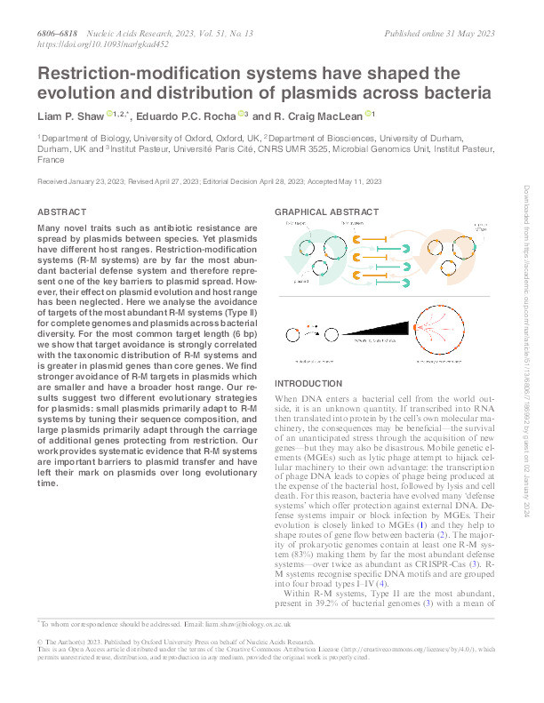 Restriction-modification systems have shaped the evolution and distribution of plasmids across bacteria Thumbnail